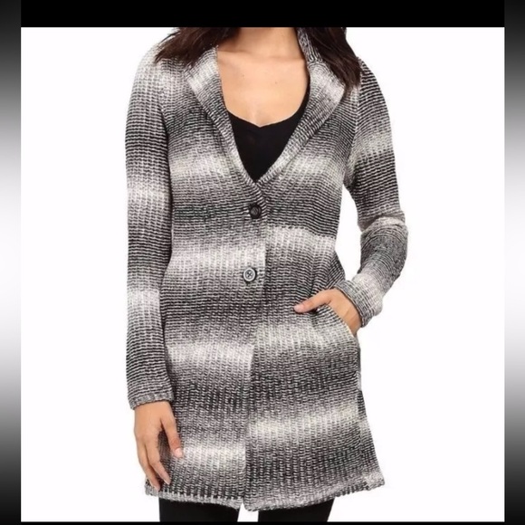 Lucky Brand car coat knit gray ivory stripes button front Sz M - Picture 11 of 12